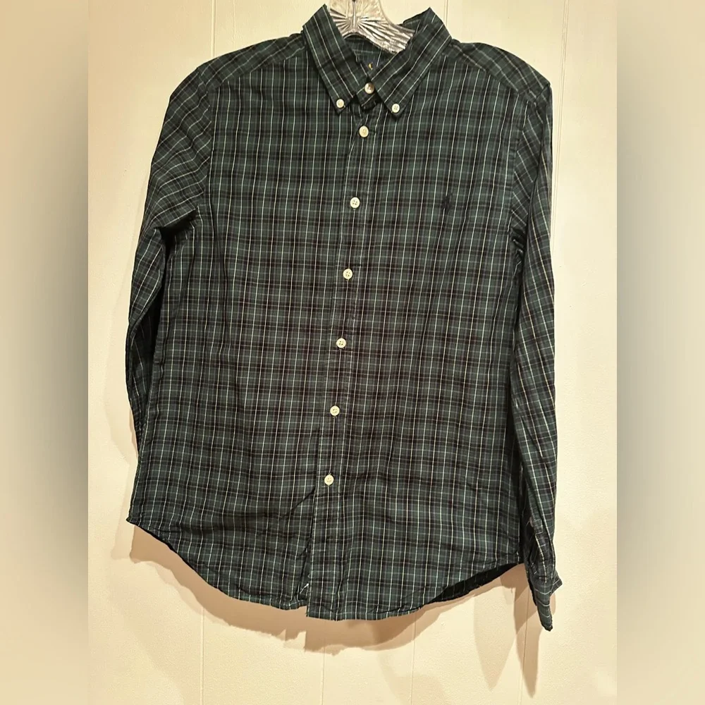 Ralph Lauren Boys Green Plaid Button Down Shirt L 14 /16 Cotton